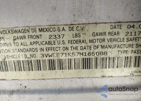 2007 Volkswagen Jetta Wolfsburg Edition из США, поврежденный, VIN 3VWEF71K57M165088